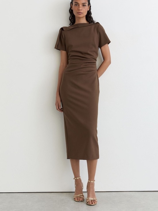 Reiss Dresses & Skirts - Reiss Hilary Ruched-Detail Boat-Neck Midi Dress in Mocha Brown, 2 4 6 8 10